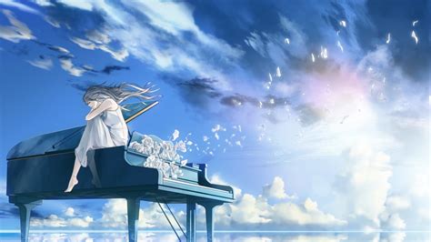 Lonely Anime Girl, Piano, Instrument, Scenic, Sky, - Anime Girl With ...