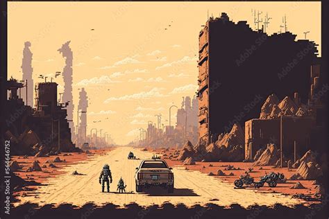 Pixel art destroyed city in post-apocalyptic world, background in retro ...