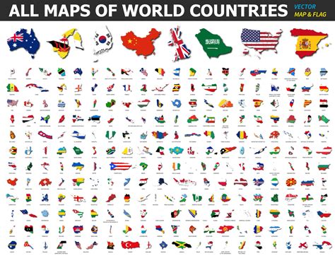 All maps of world countries and flags . Collection of outline shape of ...