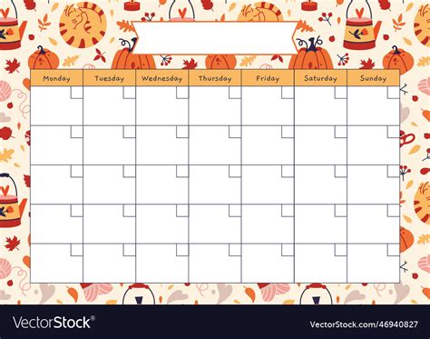 Cute monthly calendar template with cozy autumn Vector Image