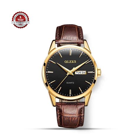 Olevs 6898 PU Leather Wrist Watch For Men - Golden Black