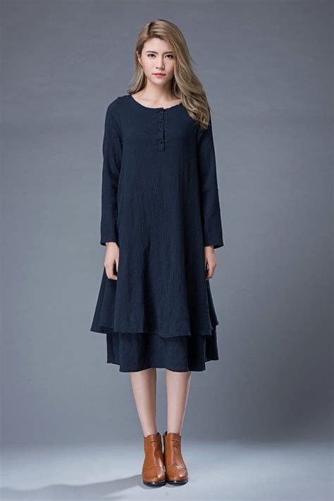 Navy Linen Dress, Summer Blue Linen Midi Dress, Long-sleeved Loose-fitting Spring Linen Dress ...