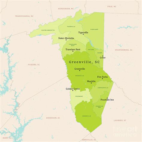 SC Greenville County Vector Map Green Digital Art by Frank Ramspott ...