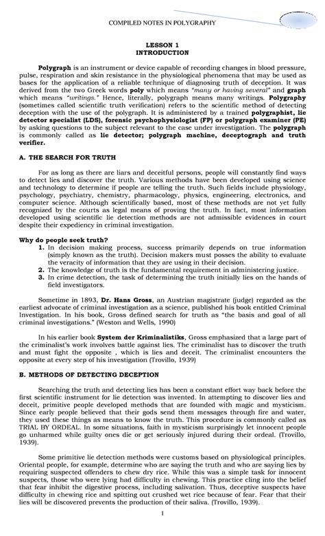 LIE Detection Techniques - LESSON 1 INTRODUCTION Polygraph is an ...