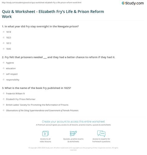 Quiz & Worksheet - Elizabeth Fry's Life & Prison Reform Work | Study.com