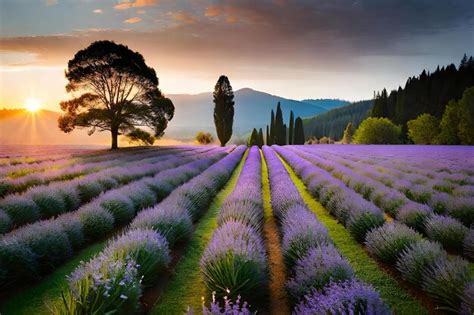 Premium AI Image | Lavender fields with mountains in the background