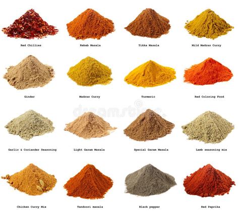 Sixteen piles of Indian powder spices. Photo about lamb, chilli, descriptive, cumin, colour ...