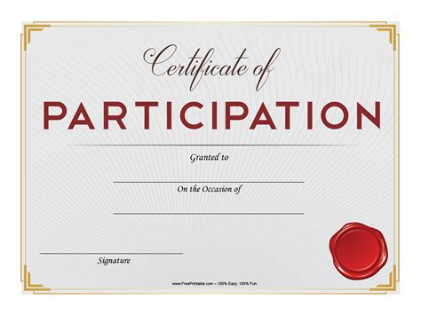 Customize Your Free Printable Participation Certificate with Red Seal