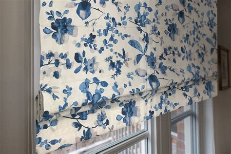 Blue Flowers Floral Pattern Flat Roman Shade | Flat roman shade, Blue and white curtains, Fabric ...