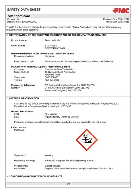 (PDF) SAFETY DATA SHEET Telar herbicide - fmccrop.nz herbicide SDS.pdf ...