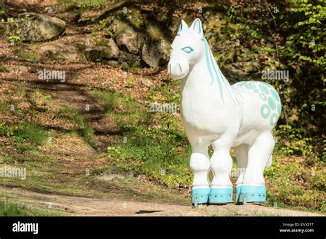 Ronneby, Sweden - May 11, 2015: Life size white brook horse statue on a ...