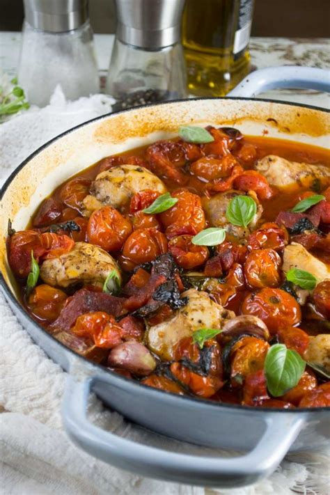 One Pot Chicken Thighs with Basil, Chorizo & Cherry Tomatoes