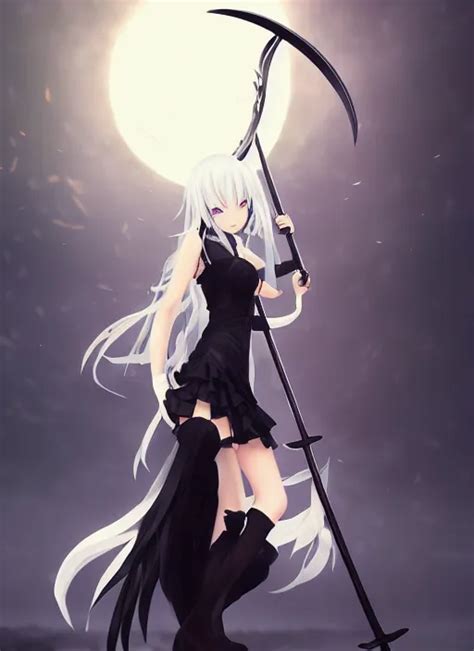 anime girl wielding a large black scythe, has black | Stable Diffusion