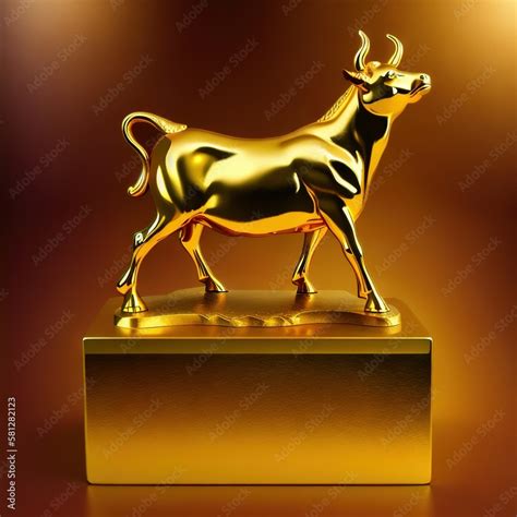 Golden shiny bull statue on a rectangle podium, Generative AI Stock ...