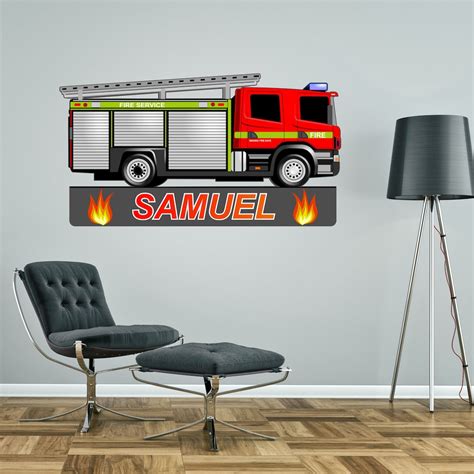 FIRE ENGINE Truck Personalised Wall Sticker Children's Bedroom Decal Art Graphic Mural ...