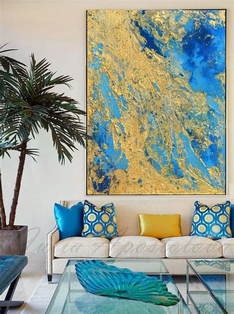 Abstract Art Blue and Gold Wall Art Coastal Landscape | Etsy