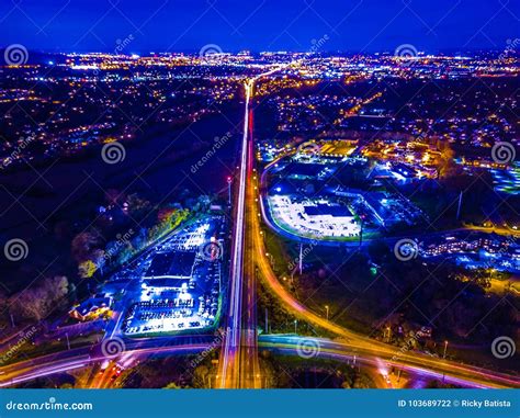 Night Aerial Shot of a City with Lights and Traffic Stock Photo - Image ...