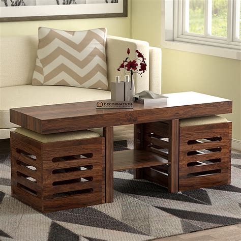 Ely Solid Wooden Coffee Table with 2 Stools with Storage - Natural Finish - Decornation