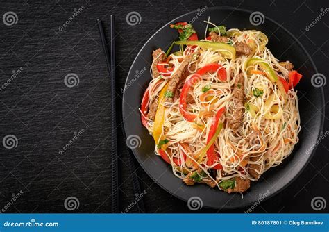 Asian Salad with Rice Noodles, Beef and Vegetables. Stock Image - Image of oriental, garlic ...