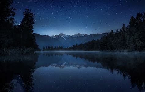 Wallpaper the sky, stars, trees, mountains, night, lake, reflection ...