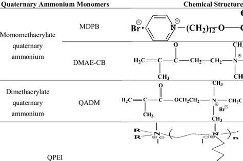 Chemical structures of different quaternary ammonium monomers ...