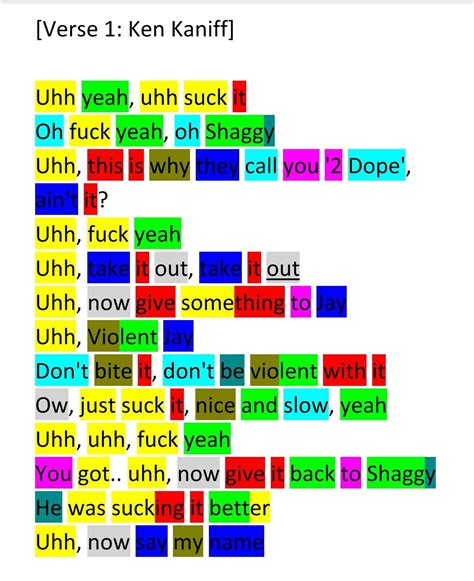 Colour coded rhyme scheme of the first verse from "Ken Kaniff". I feel ...