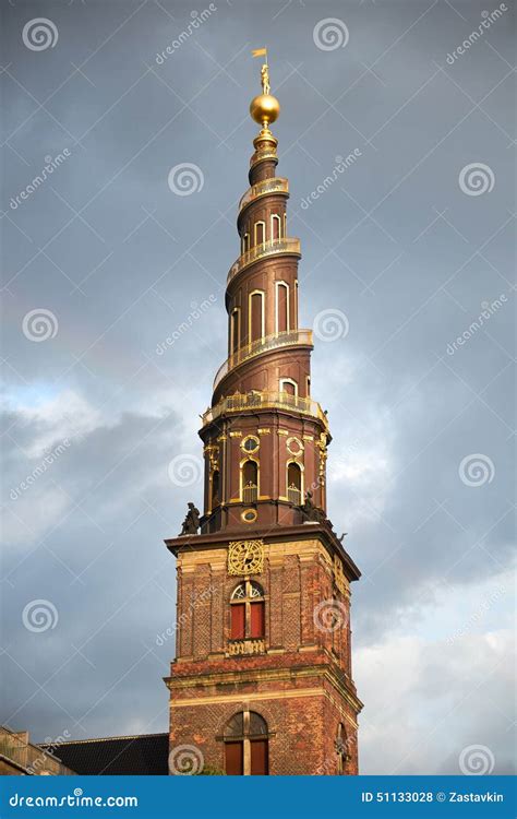 The Spire of the Church of Our Saviour in Copenhagen. Stock Photo ...