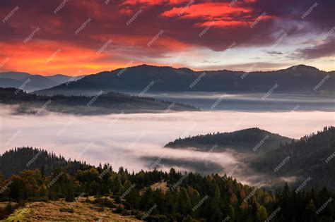 Premium Photo | Misty sunrise in the mountains with a beautiful sky