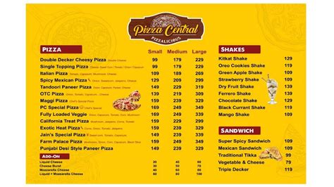 Menu at Pizza Central, Becharaji