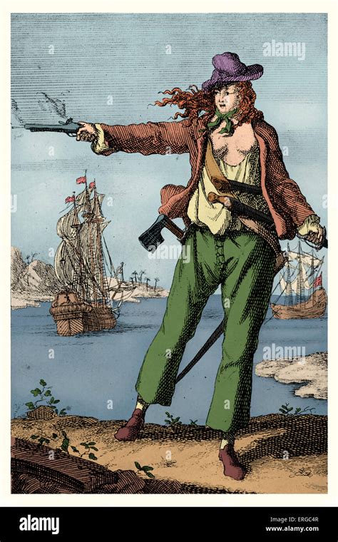 Mary Read -Irish female pirate. Firing a pistol. Worked in the Caribbean region. 8 March 1702 ...