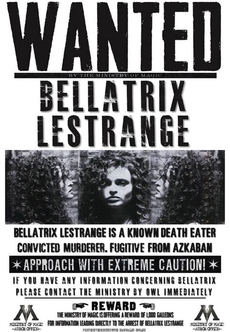 Bellatrix Lestrange WANTED POSTER | Harry potter wanted poster, Bellatrix, Harry potter