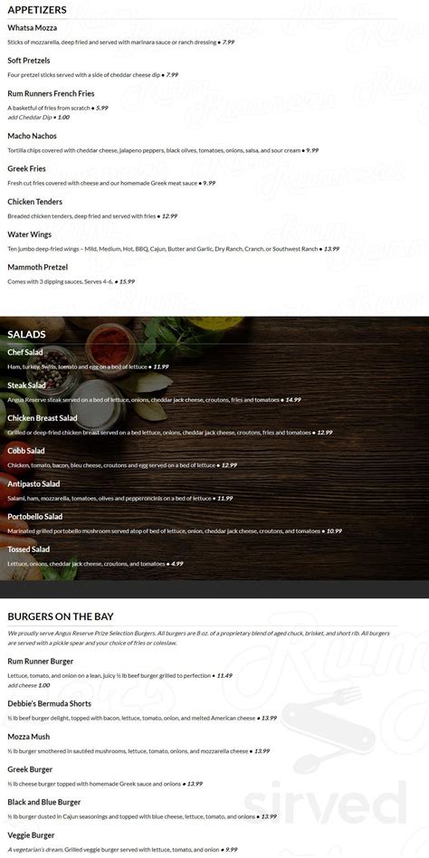 Rum Runners menu in Erie, Pennsylvania, USA