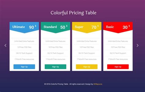 Colorful Pricing Table Flat Responsive Widget Template