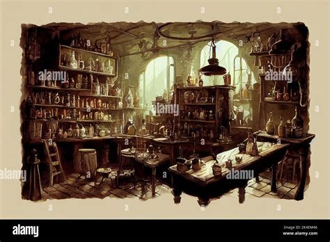 Alchemist workshop digital painting, fantasy wizard, sorcerer lab, dark ...