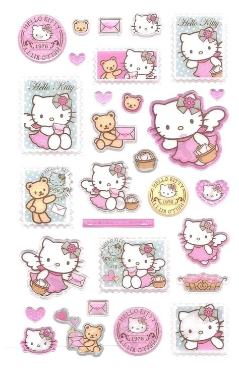 the hello kitty stickers are all in different shapes and sizes, with hearts on them