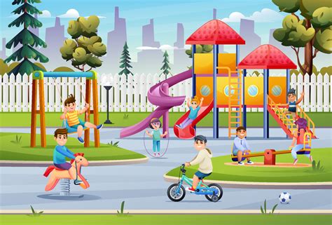 Children playing on playground with slide, swing, bicycle and seesaw cartoon illustration ...