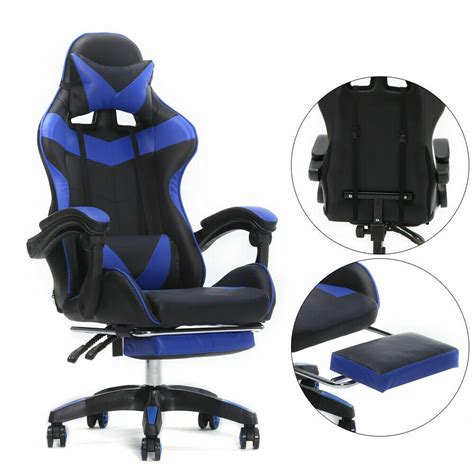 Blue Gaming Chair Office Racing Style Computer Swivel Desk Chair W/ Footrest New