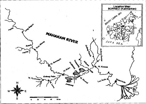 Map of the Mahakam River, East Kalimantan, Indonesia. Names of places ...