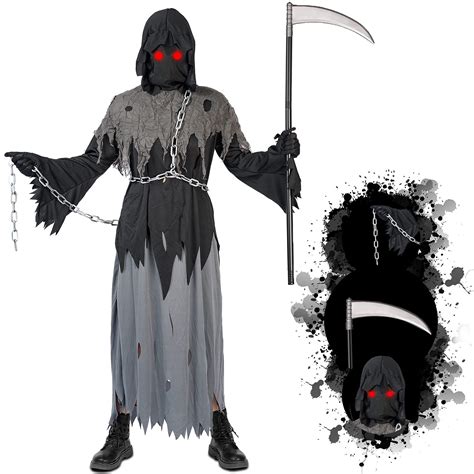 Buy Lomesion Grim Reaper Halloween Costume with Glowing Red Eyes for Kids, Scythe Included(Gray ...