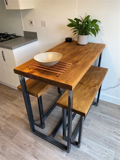 Small Wood Kitchen Table with Benches Solid Wood Industrial | Etsy