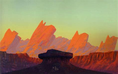 an abstract painting of mountains in the distance with orange and pink ...