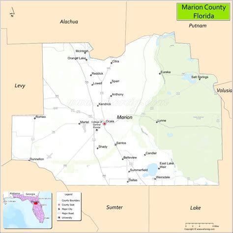 map of marion county florida with the location of marion, fl and other towns on it