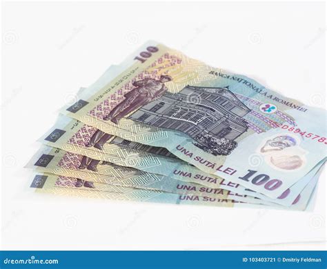 Four Banknotes Worth 100 Romanian Lei Isolated on a White Background ...