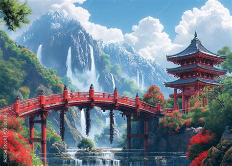 Illustration of Japanese beautiful landscapes during japanese cherry ...