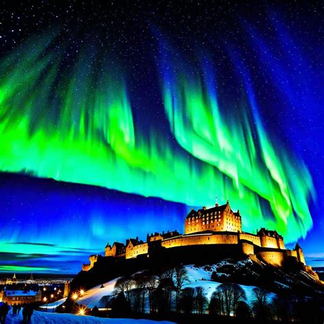 aurora borealis over a snowy Edinburgh castle - AI Generated Artwork - NightCafe Creator