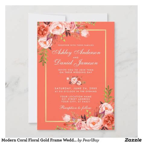 Modern Coral Floral Gold Frame Wedding Invitation | Zazzle in 2023 ...