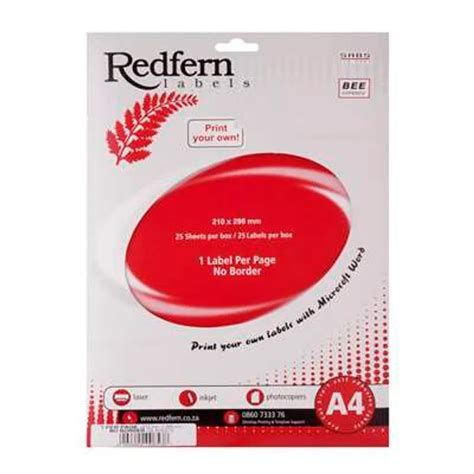 Redfern self adhesive labels laser jet A4 flat sheets 210mm x 297mm 1 ...