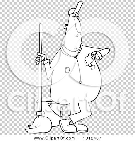 Lineart Clipart of a Cartoon Black and White Male Custodian Janitor Checking His Watch and ...