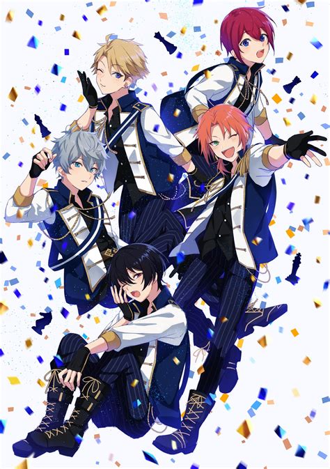 four anime characters sitting on the ground surrounded by confetti