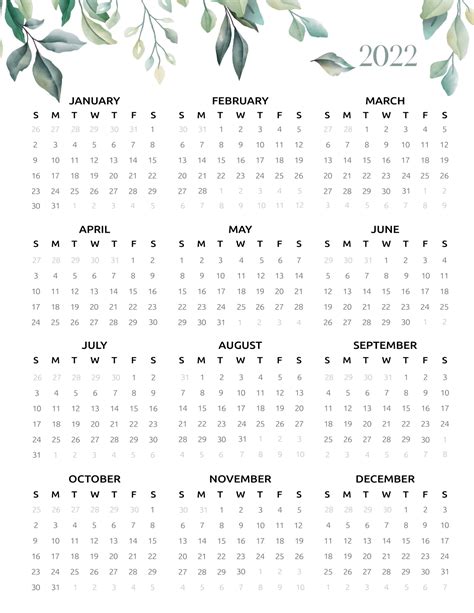 2022 Calendar One Page Printable - Botanical Theme - World of Printables